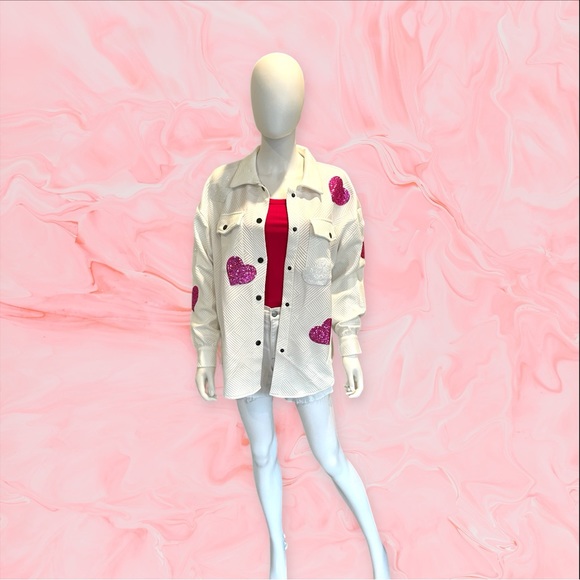 Beige sequin heart ribbed shacket S M L - Picture 4 of 7